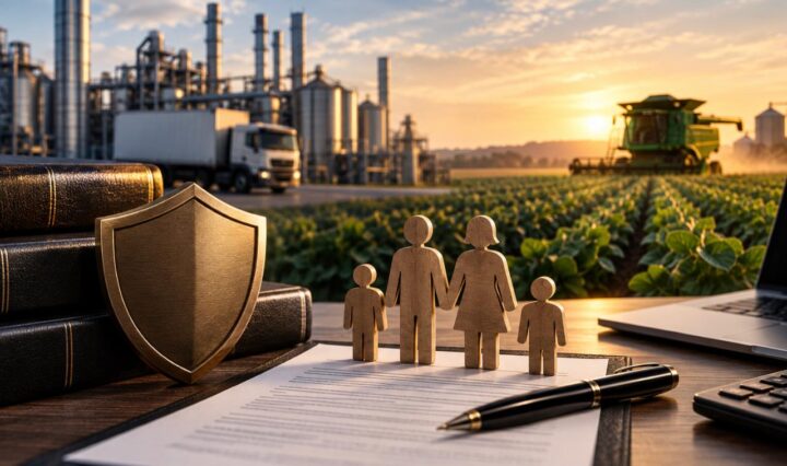 Escudo e figuras de uma família sobre documentos, com indústria e plantação ao fundo, simbolizando proteção patrimonial e garantias de crédito.
